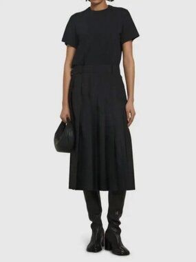 Sacai Black Cotton Poplin & Jersey Belted Dress